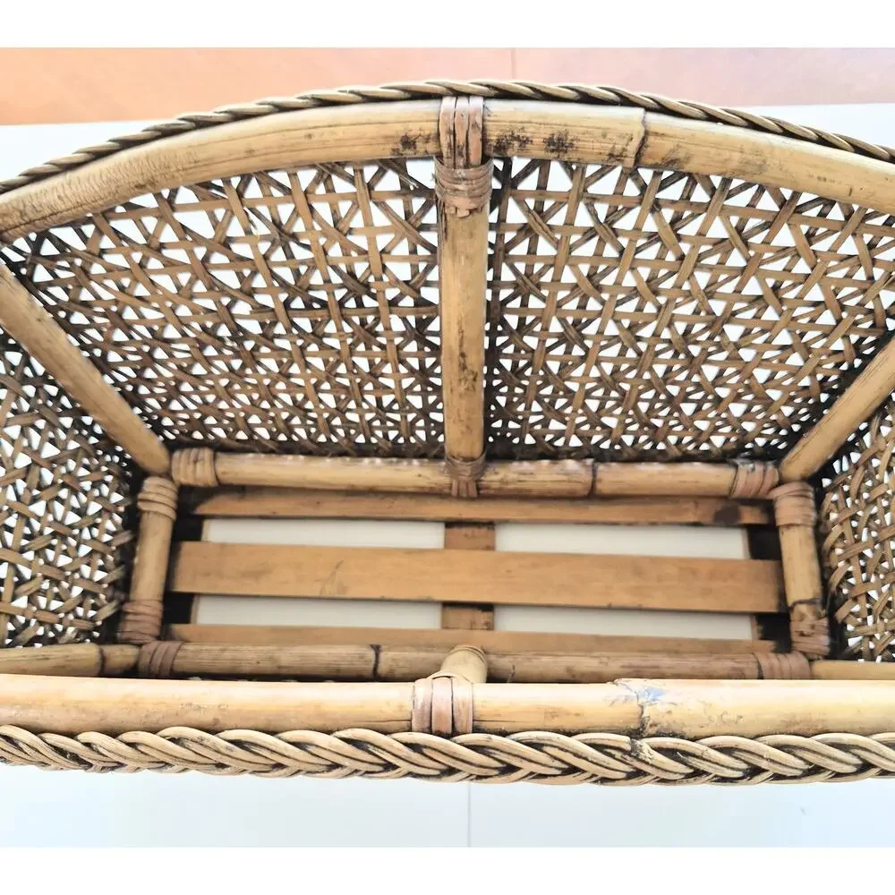 Vintage Rattan Woven Wicker Basket Magazine Rack 1960s Cottage Cabin Handles